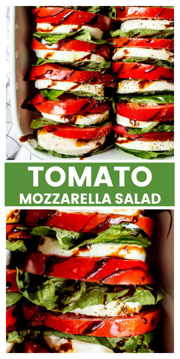 Close up tomato mozzarella salad with balsamic reduction