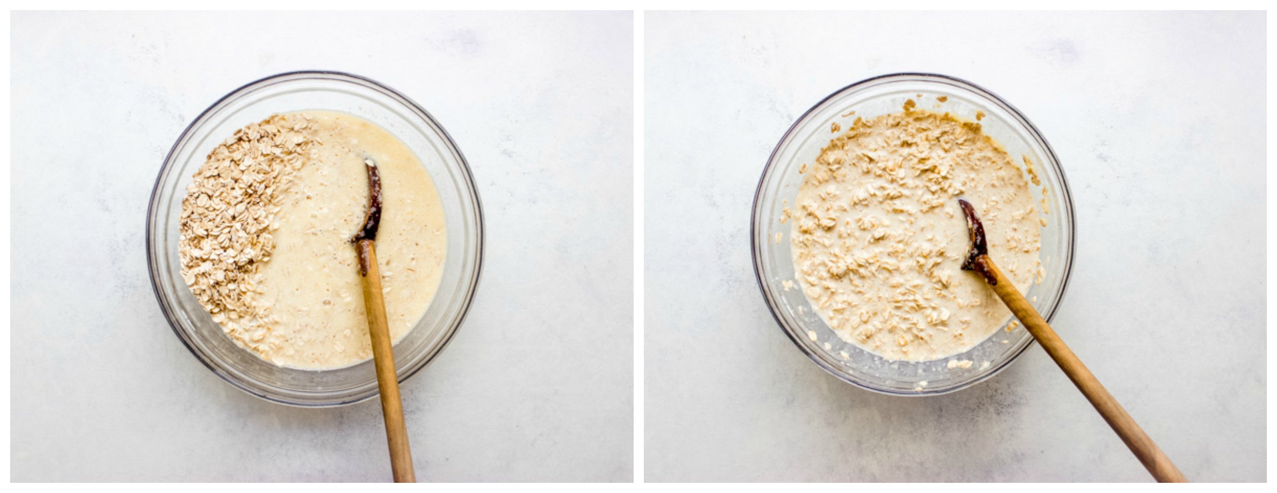 Oatmeal mixture with milk in mixing bowl.