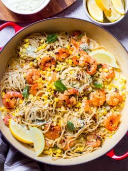 Overhead creamy corn spaghetti with shrimp