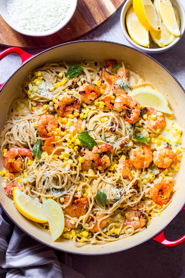 Overhead creamy corn spaghetti with shrimp