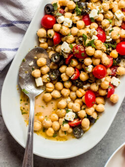 Close up greek chickpea salad with oregano vinaigrette