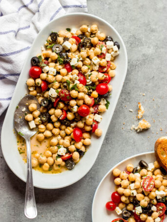 Overhead easy chickpea tomato salad