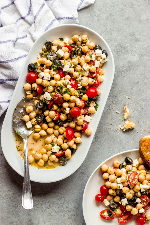 Overhead easy chickpea tomato salad