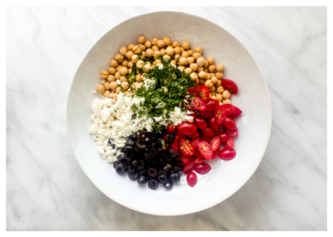 Chopped easy chickpea salad in white bowl