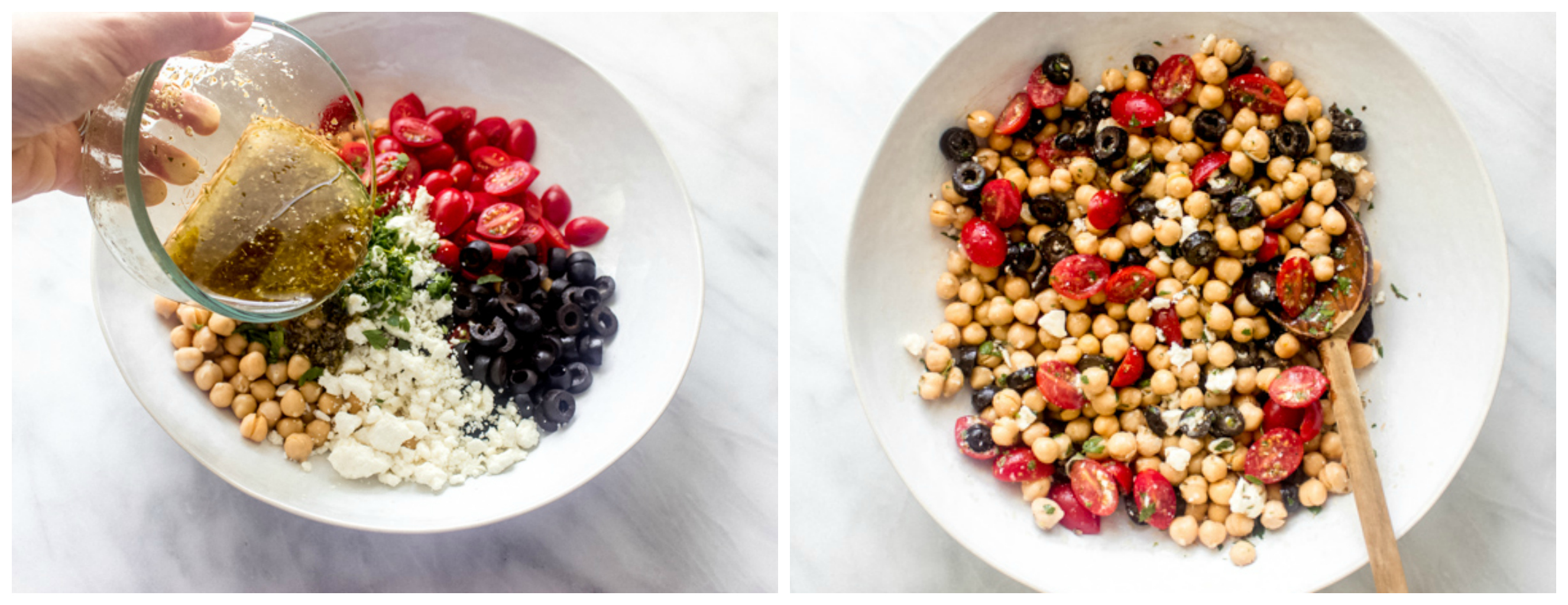 Tossed simple chickpea salad in white bowl