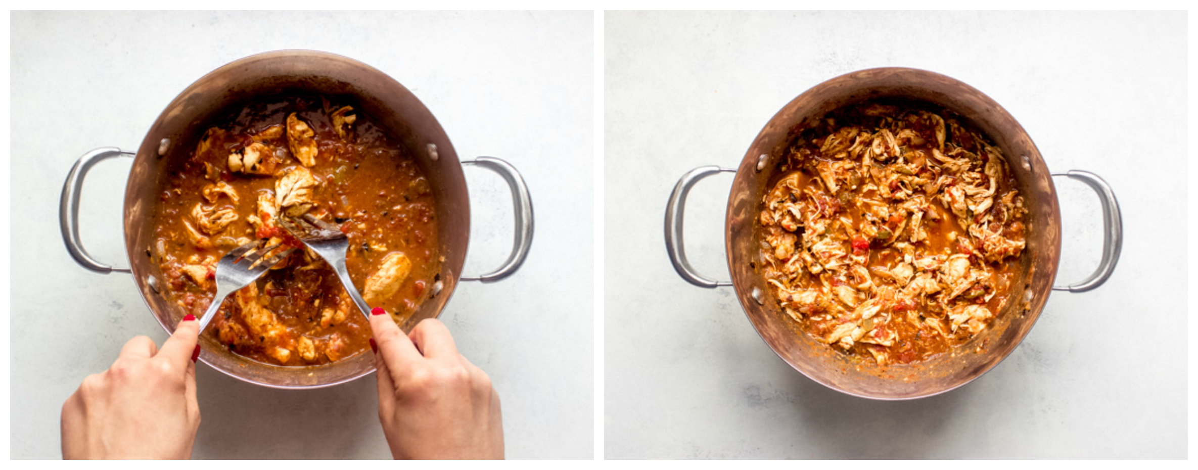 Shredded chicken inside dutch oven