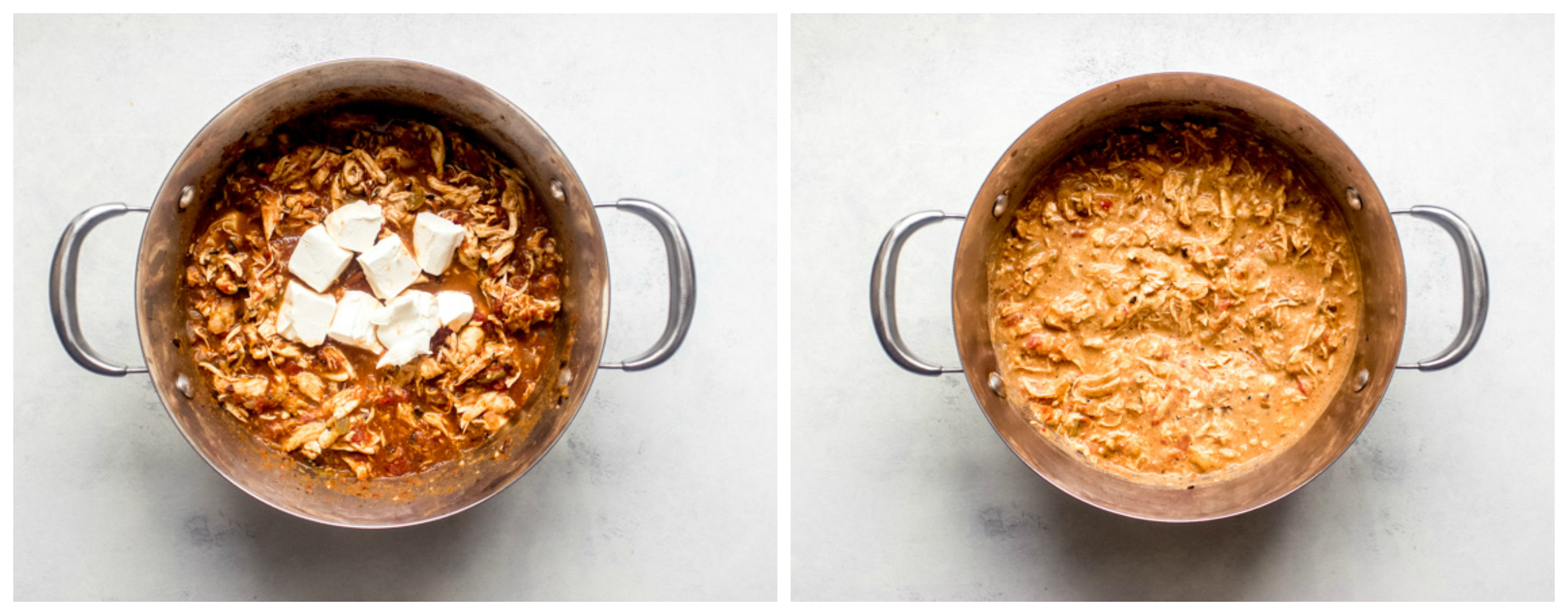 Shredded chicken with cream cheese in a dutch oven