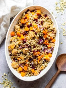 butternut squash quinoa salad in oval white bowl