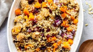 butternut squash quinoa salad in oval white bowl