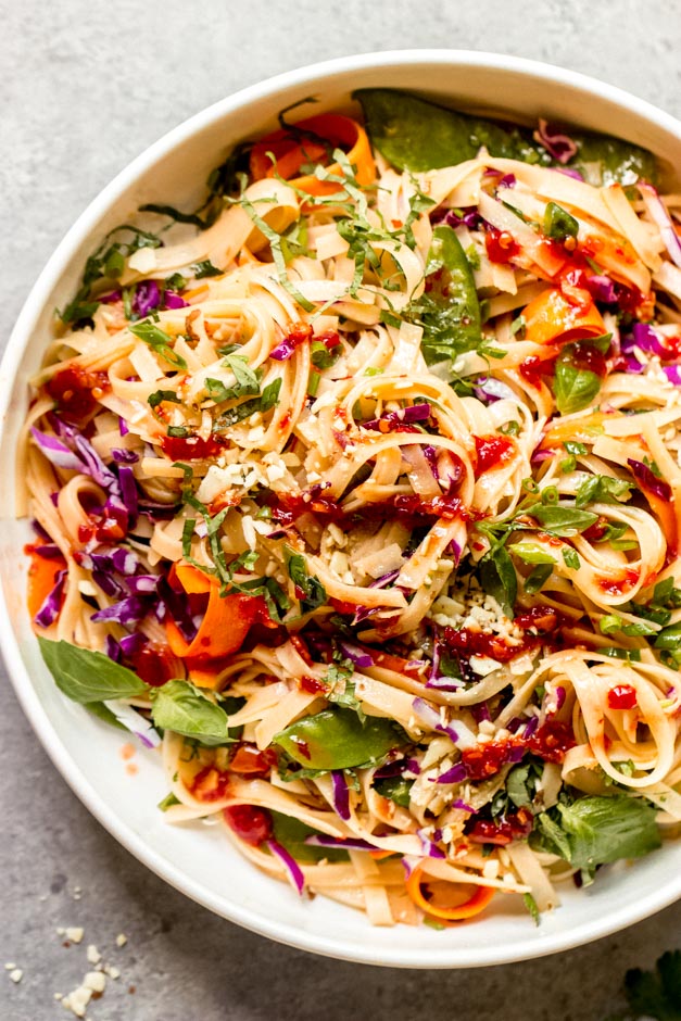 close up cold rice noodle salad