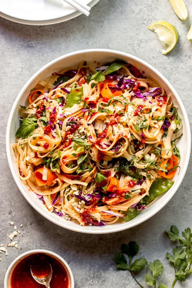 overhead rice noodle salad with chili garlic dressing