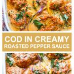 red pepper sauce with cod and summer squash in casserole dish