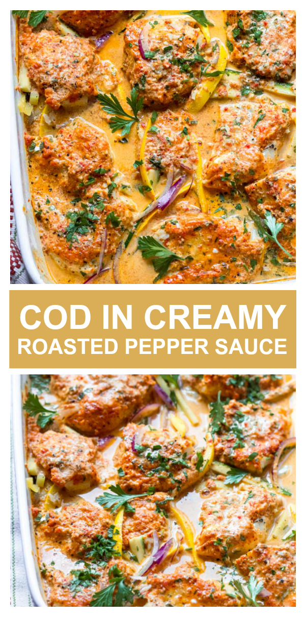 cod in creamy red roasted pepper sauce