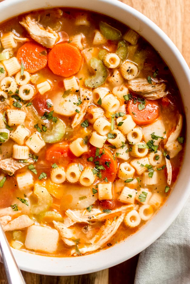 close up italian chicken noodle soup 