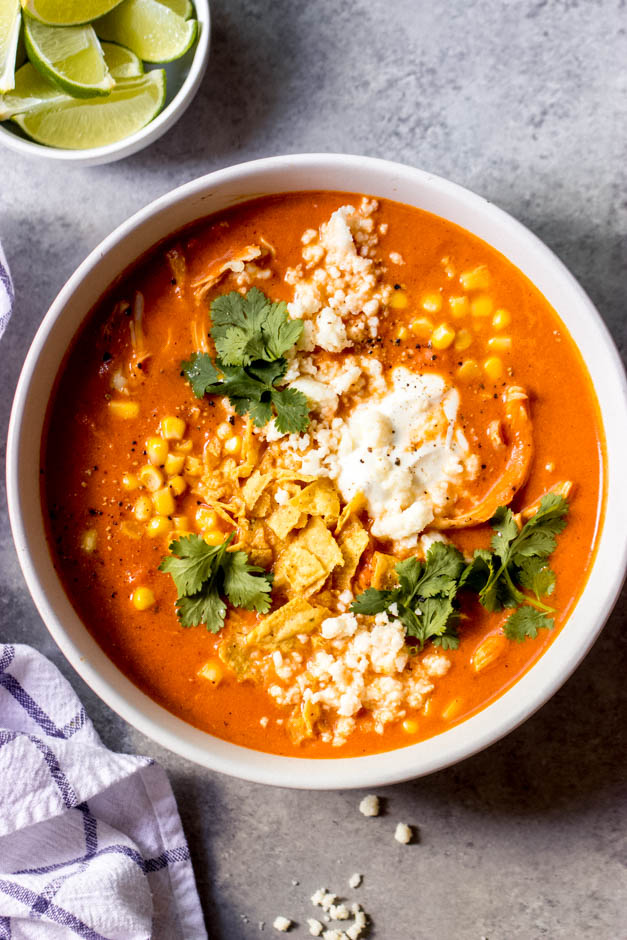 close up creamy chicken tortilla soup