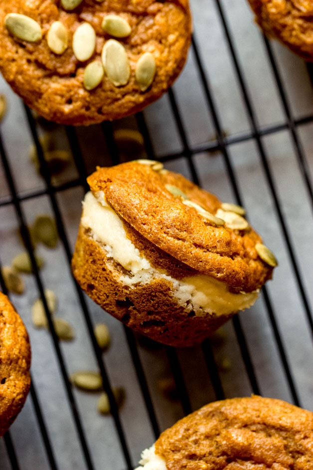 side view close up pumpkin cream cheese muffins recipe