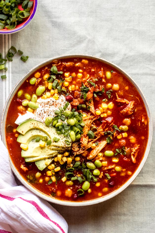 overhead of leftover turkey chili recipe in a bowl.