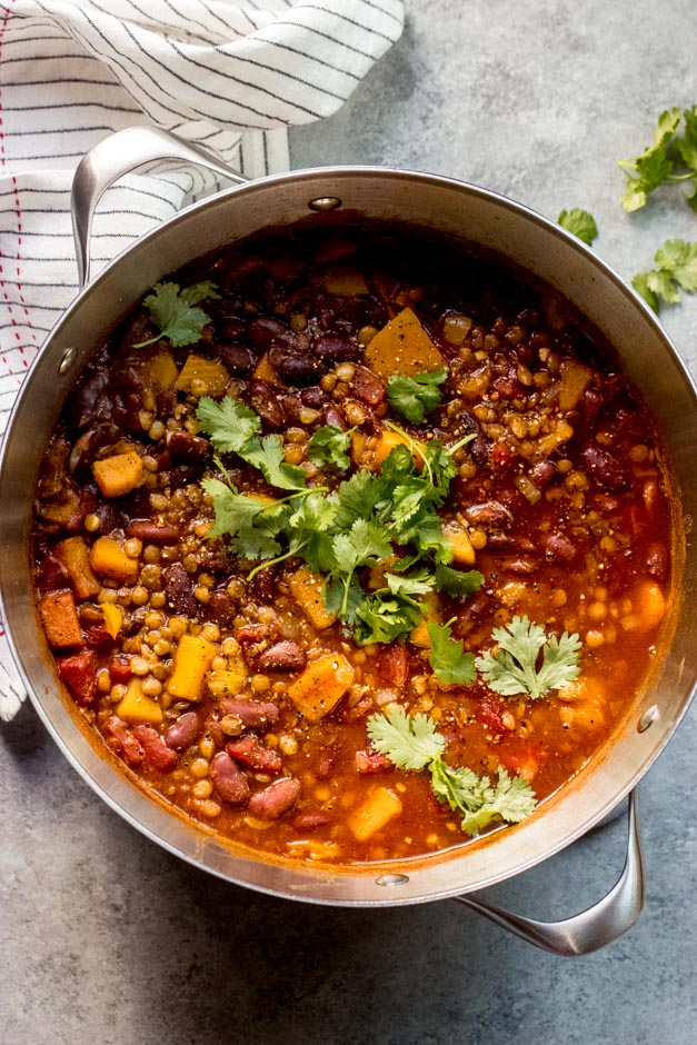 butternut squash chili in dutch oven