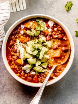 lentil butternut squash chili recipe in a bowl