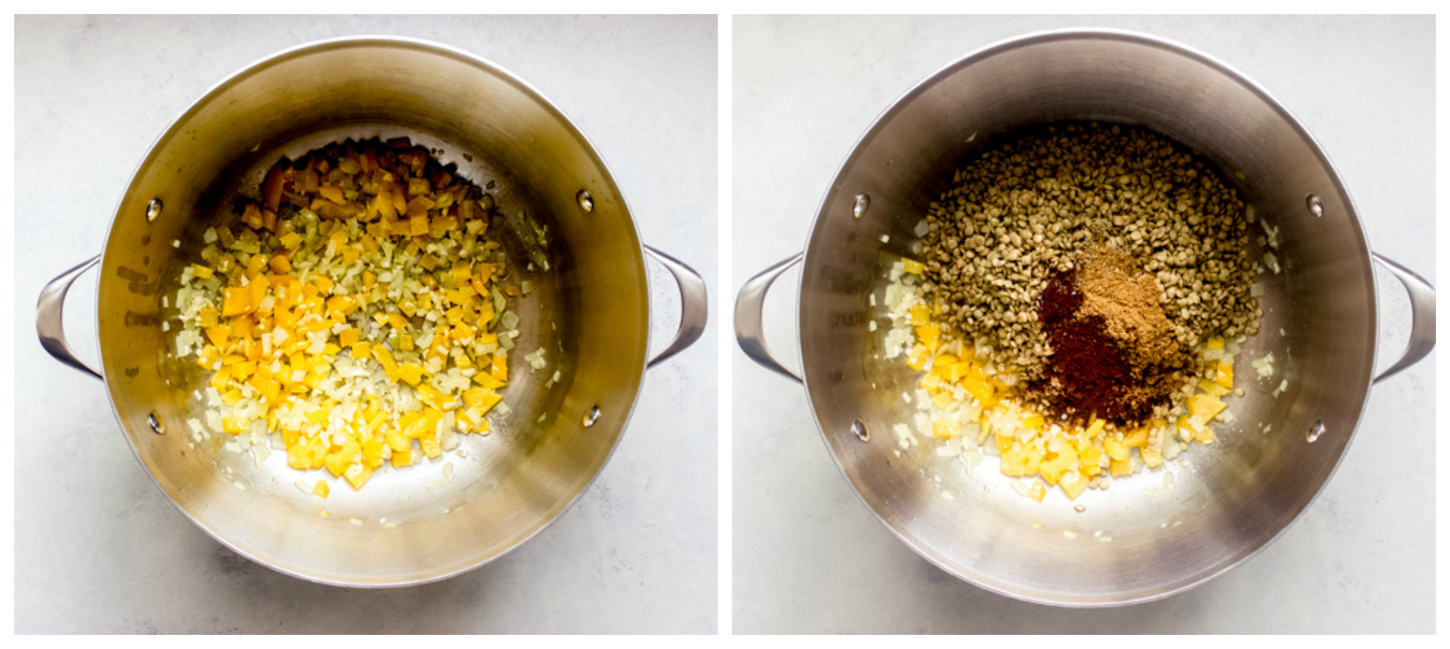 cooked vegetables in dutch oven with lentils