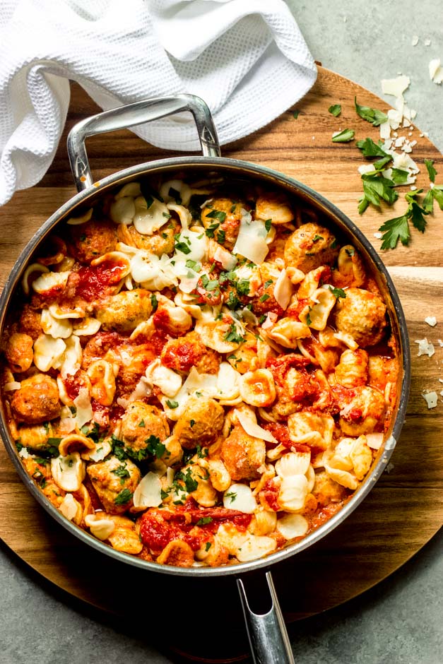 overhead baked mini meatballs with pasta