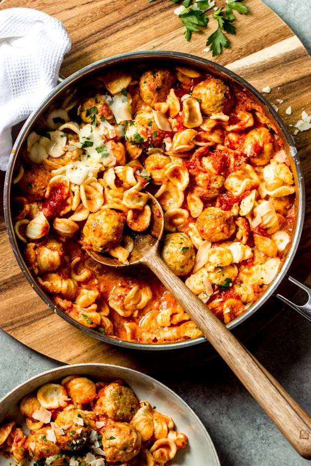 baked mini meatballs with orecchiette pasta