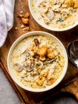 overhead chicken and mushroom soup recipe in white bowl