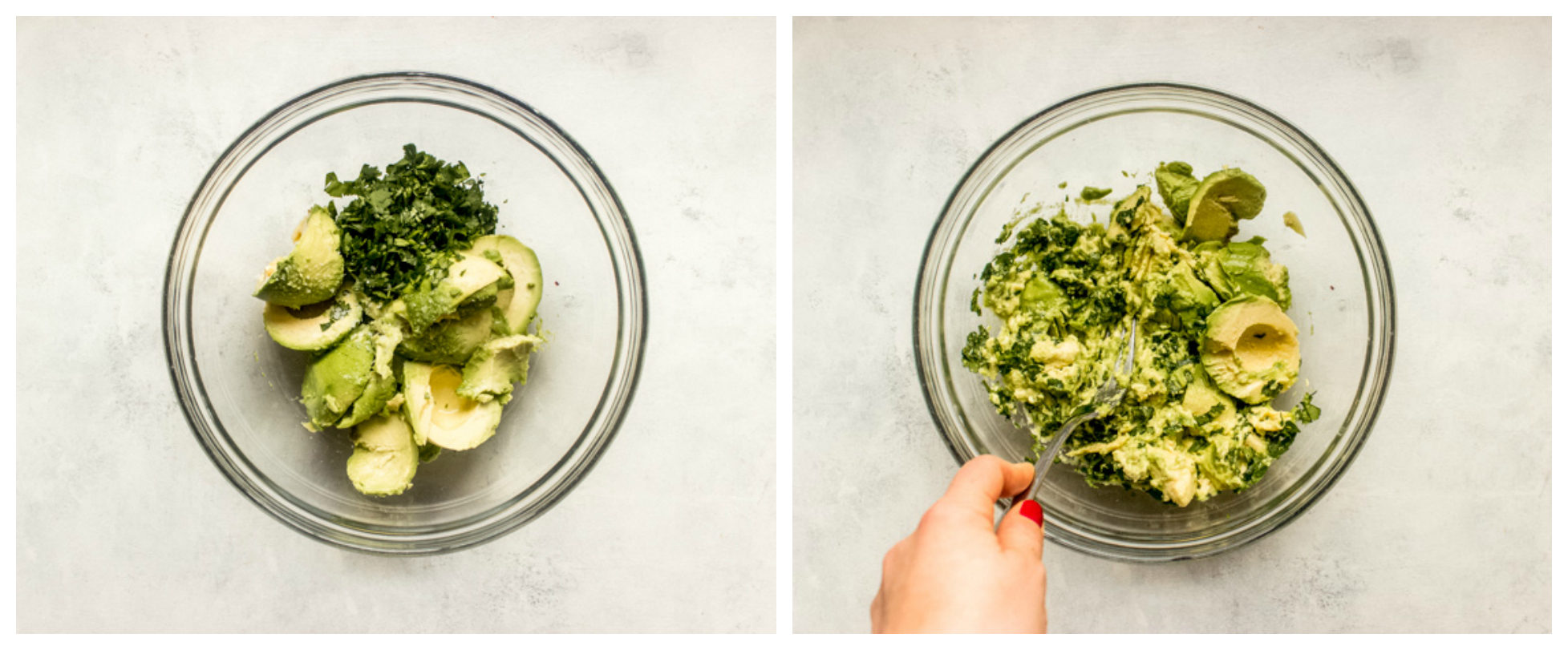 mashed up avocado in glass bowl