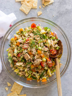 overhead greek tuna salad in bowl