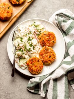 salmon quinoa patties on a plate