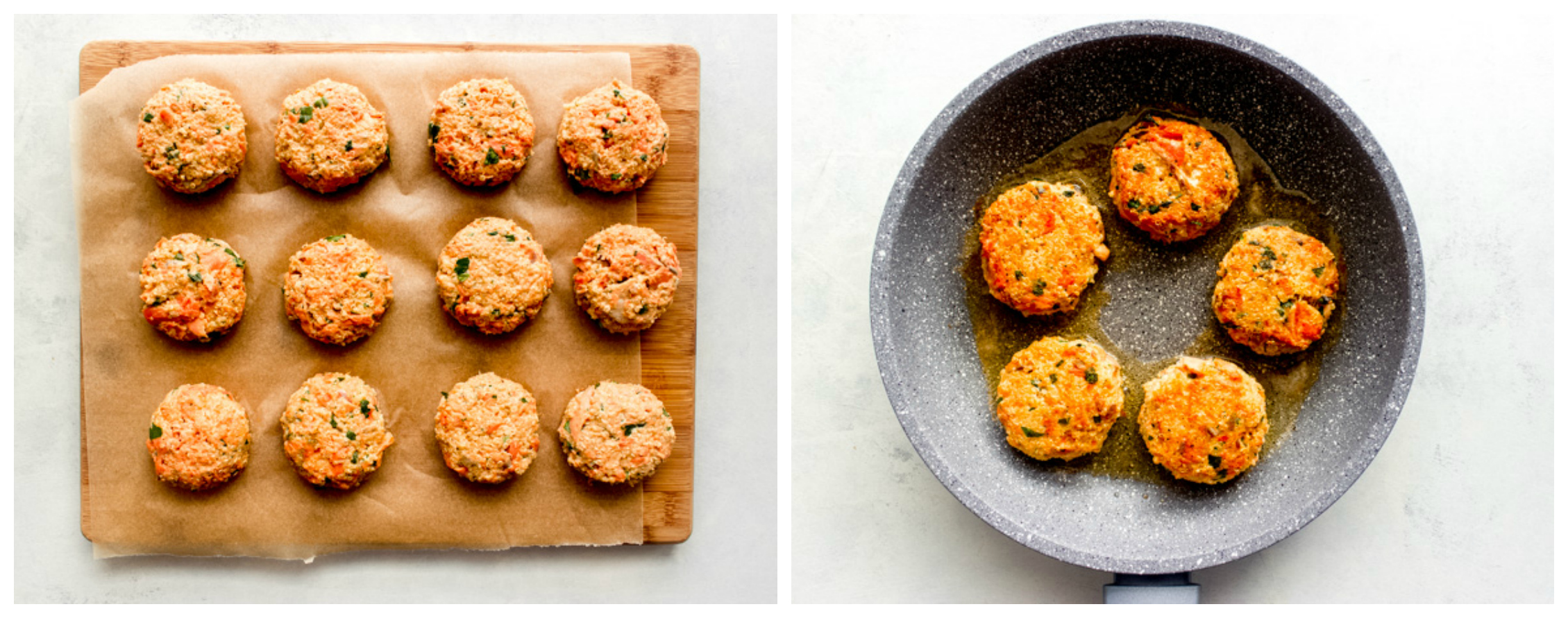 salmon quinoa cakes in a frying pan