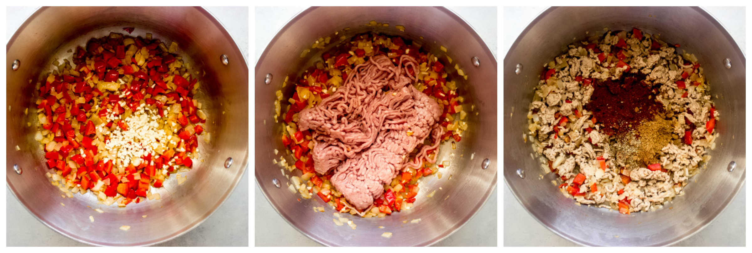 ground turkey in a dutch oven with vegetables.