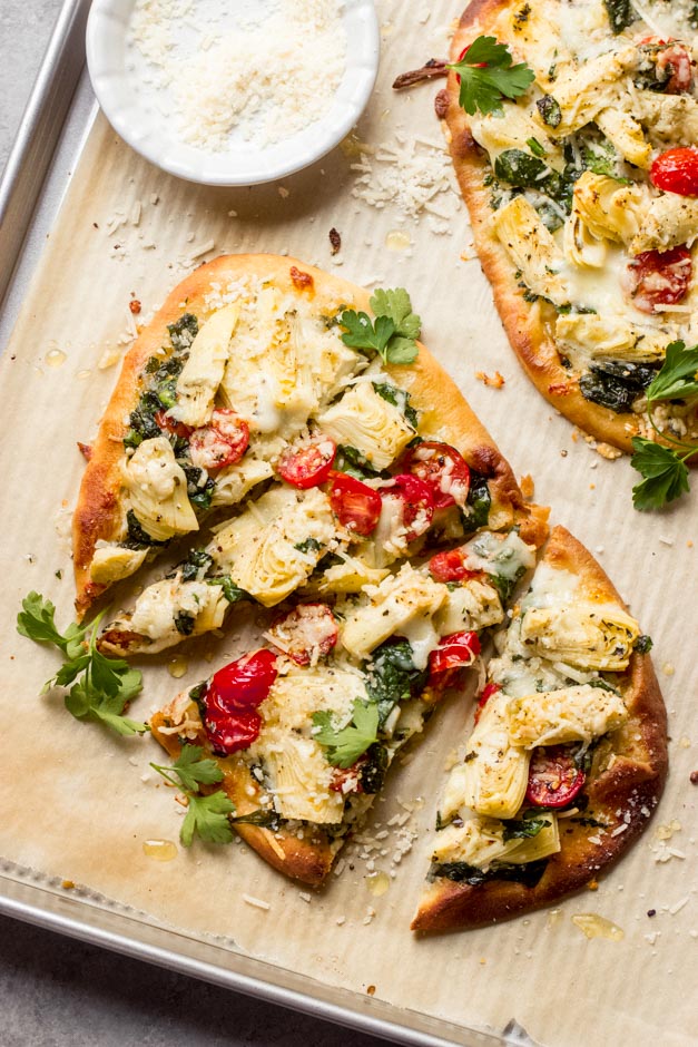 flatbread appetizer on baking sheet