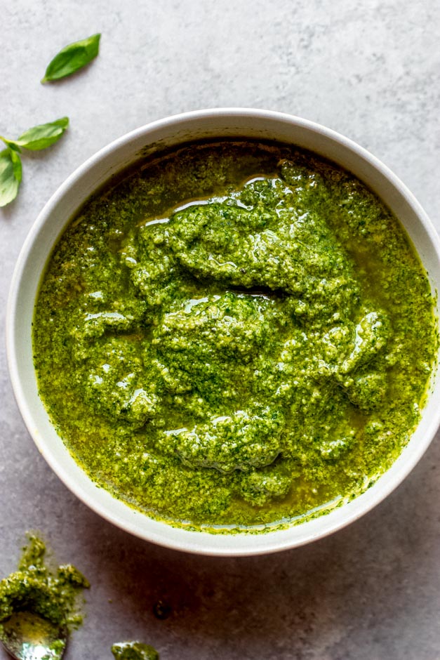 homemade basil pesto in a bowl