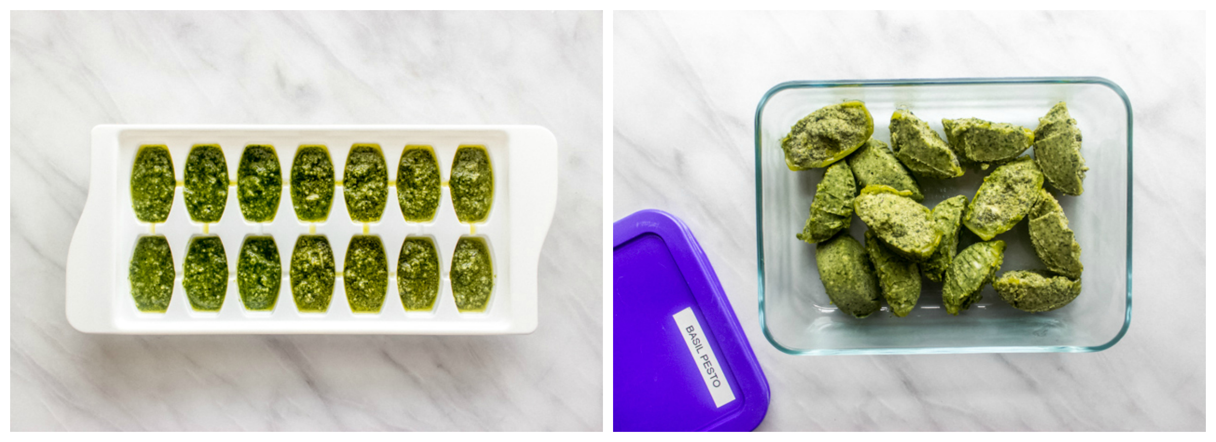 frozen basil pesto in ice cube tray