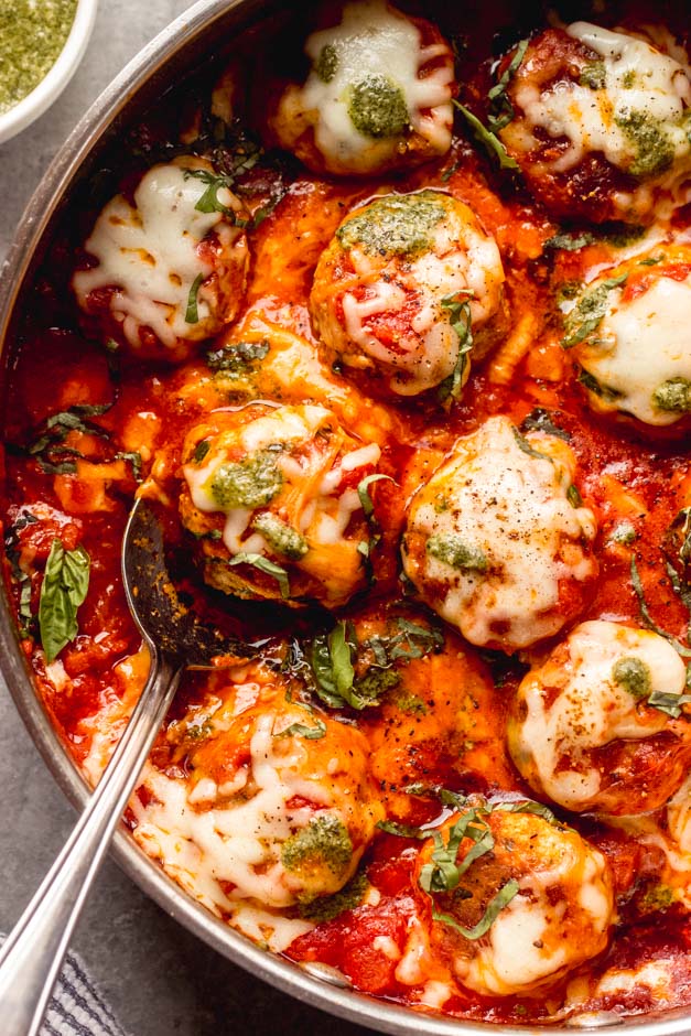 pesto meatballs in a skillet