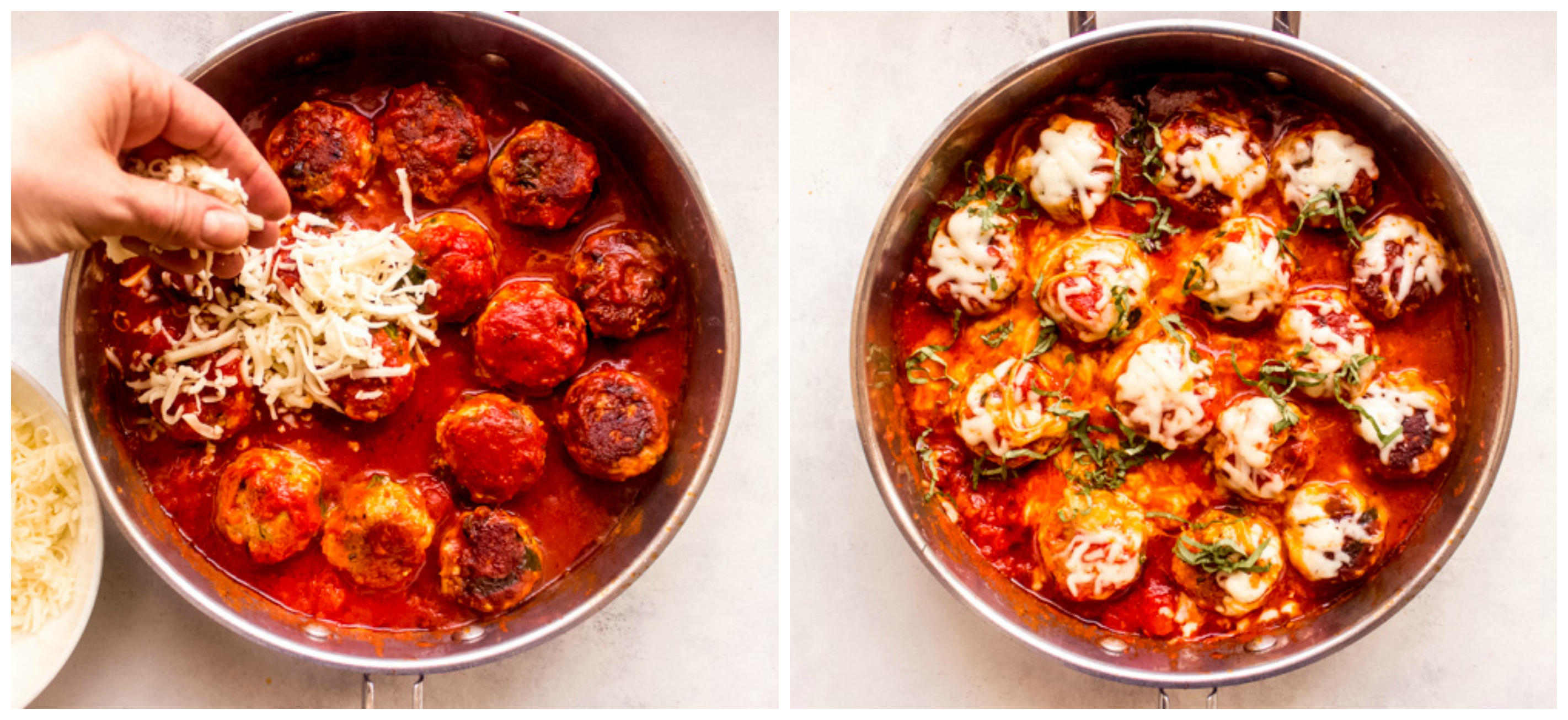 turkey meatballs with pesto in a skillet