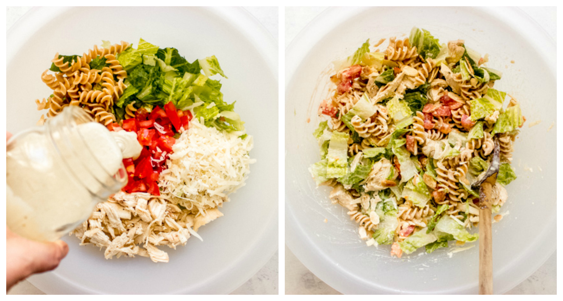 step by step on how to make chicken caesar pasta salad recipe.