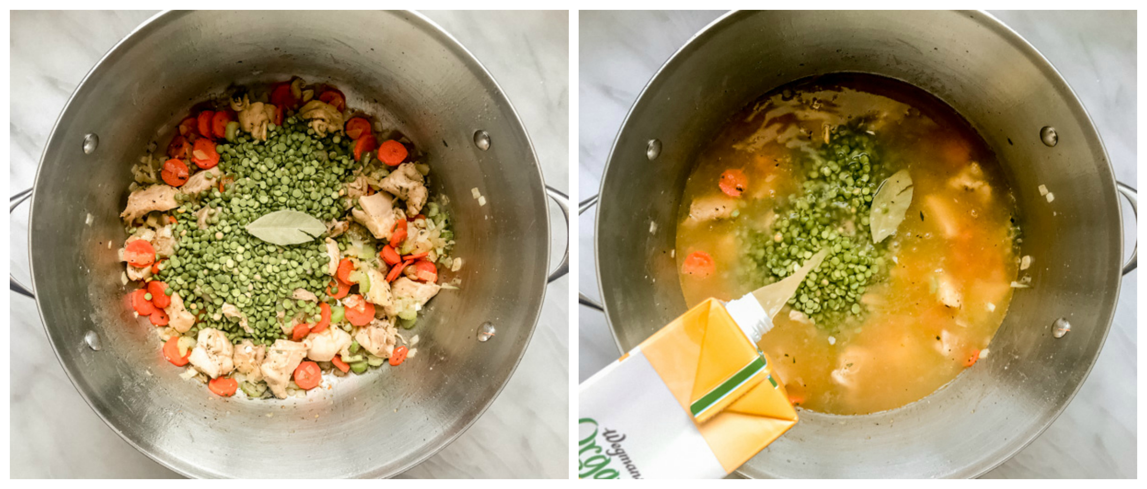 green split peas and veggies in soup pot.