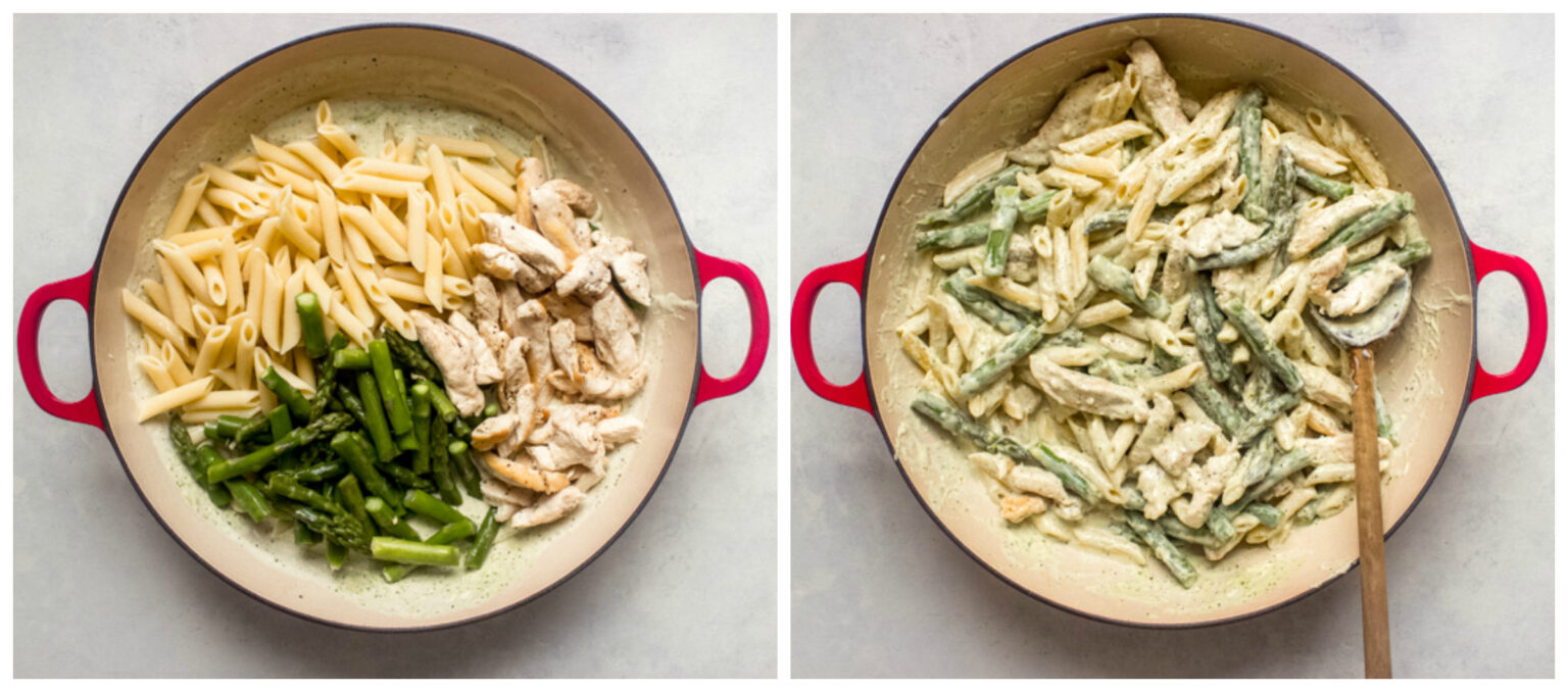 chicken and pasta in basil cream sauce