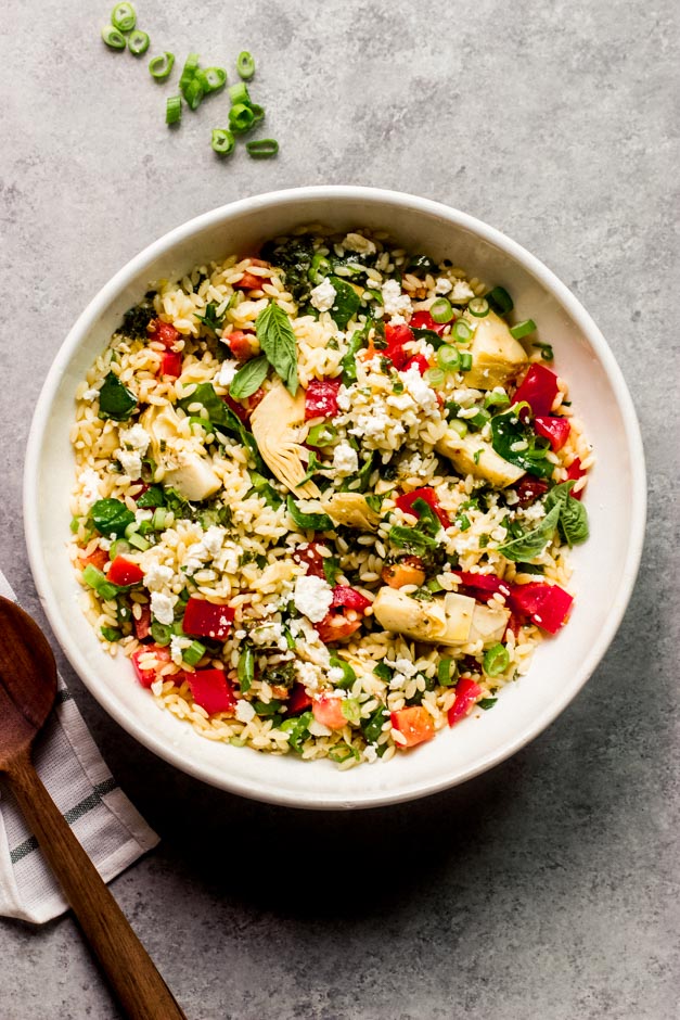 Spinach Orzo Salad with Artichokes - Little Broken