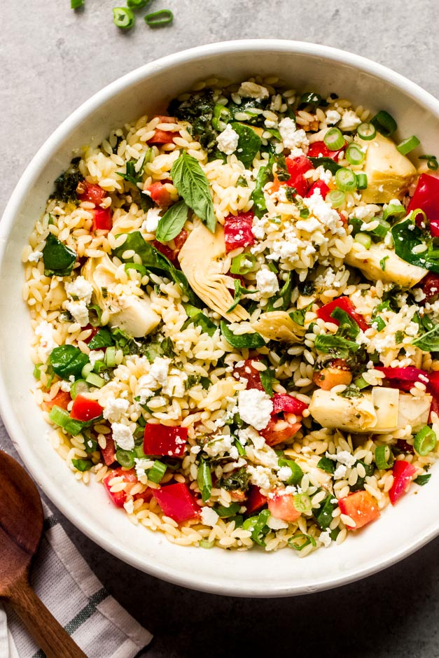 Spinach Orzo Salad with Artichokes - Little Broken