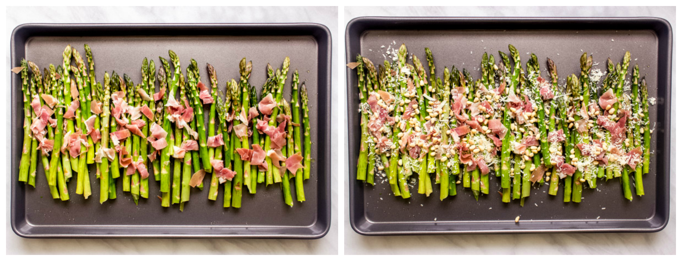 asparagus with parmesan cheese on baking sheet