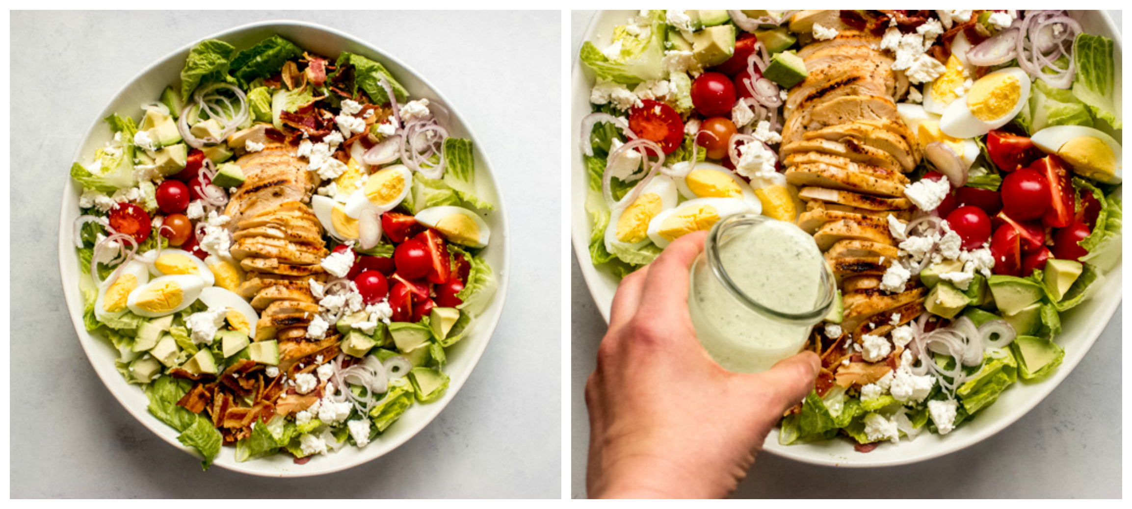 cobb salad with chicken in white bowl