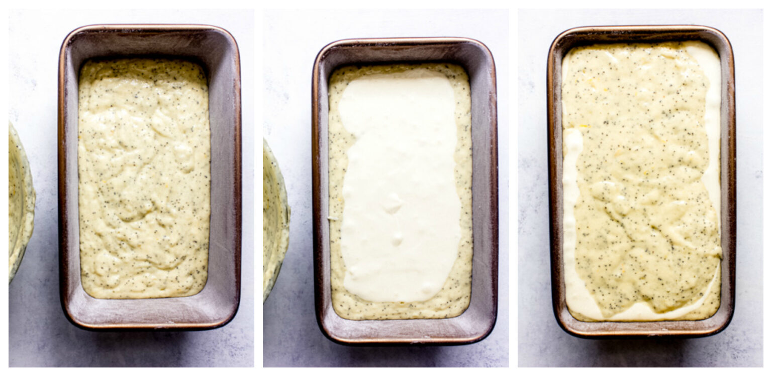 lemon poppy seed loaf cake batter in a pan