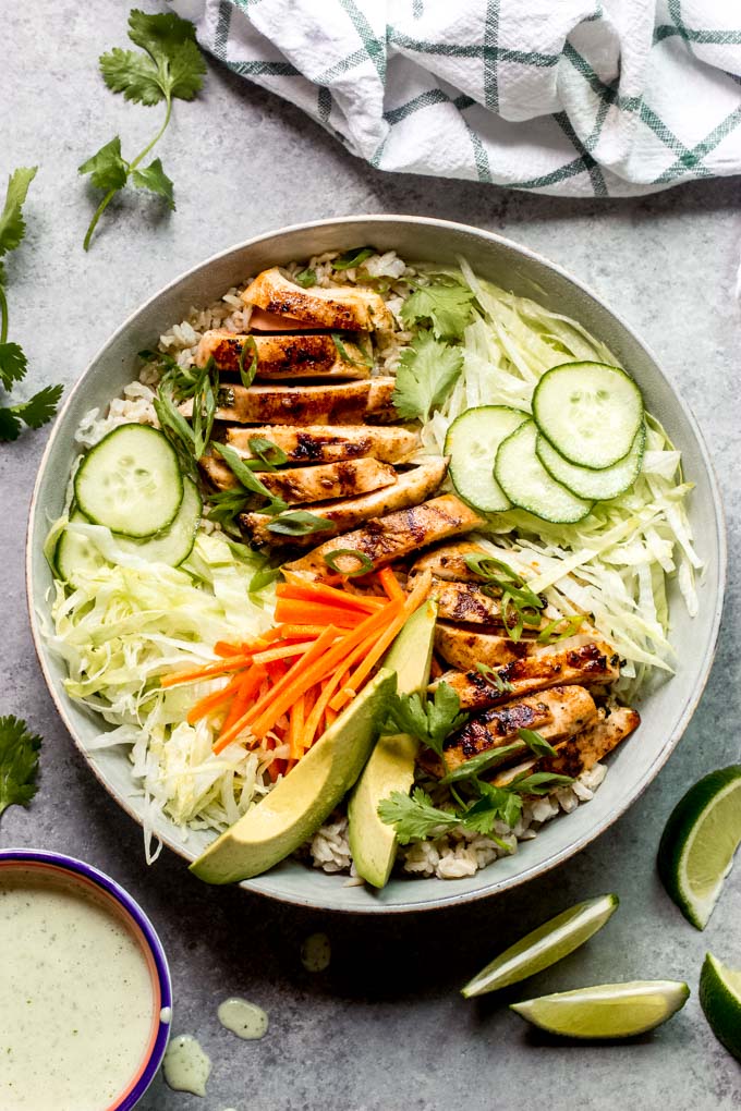 spring roll bowl with grilled chicken