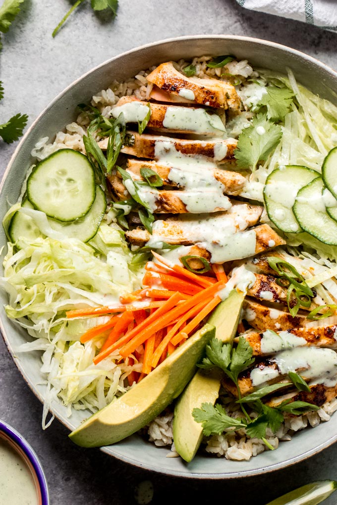 close up chicken bowl with cilantro lime dressing