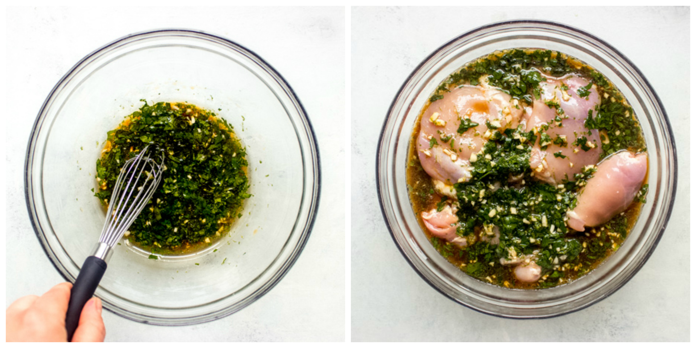 chicken in marinade in glass bowl