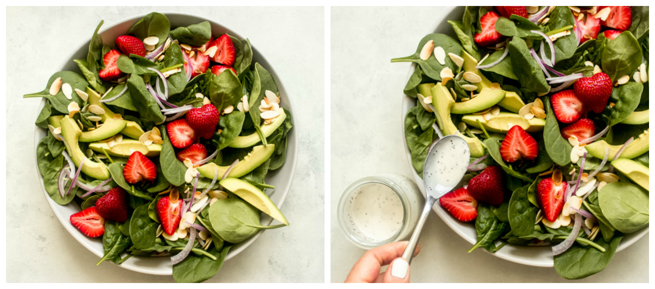 ensalada de espinacas con fresas y aguacate en bol blanco