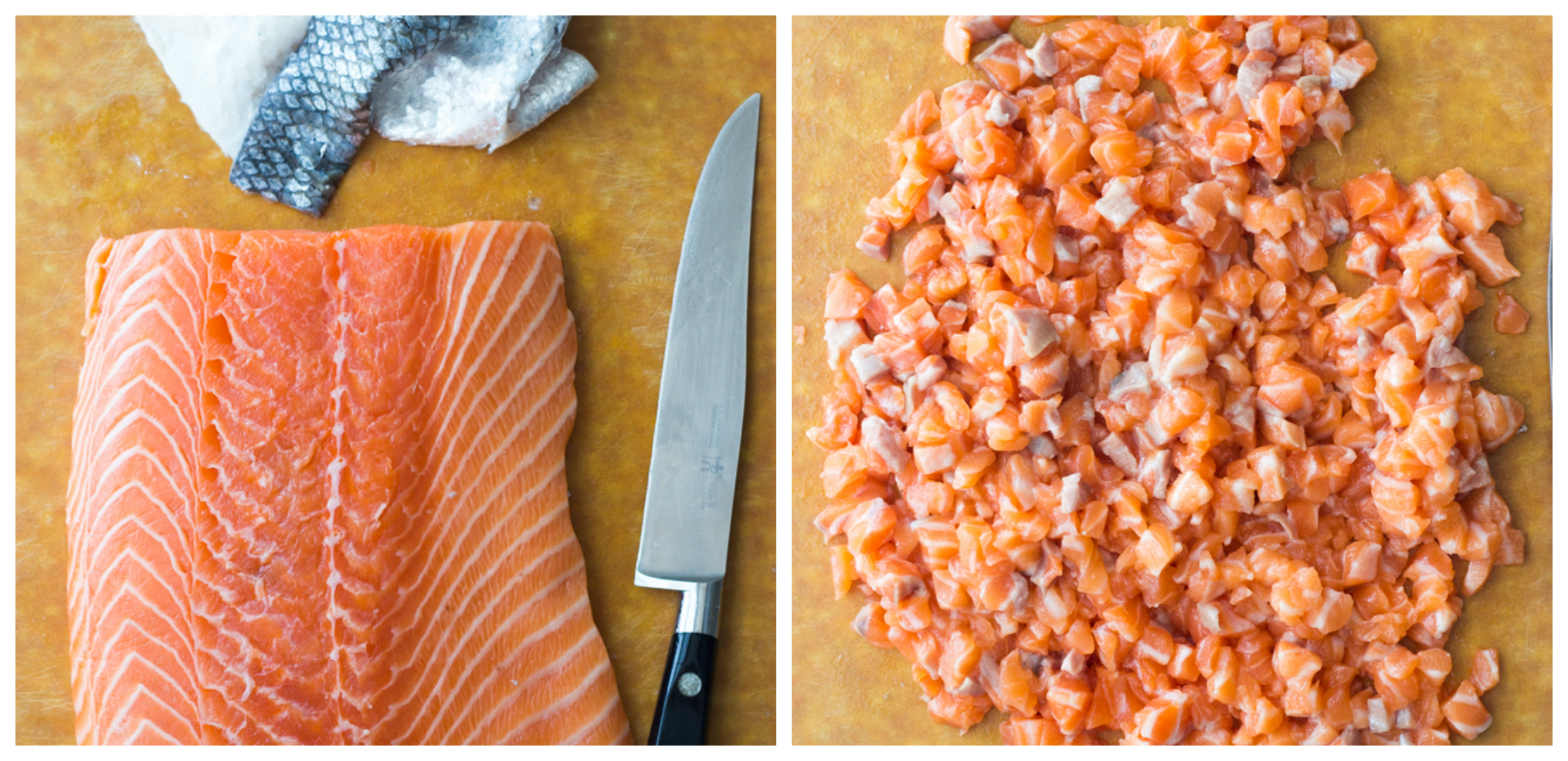 chopped up salmon on cutting board